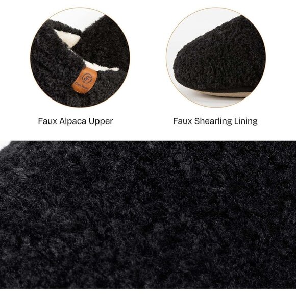 Women's Carbon Black Fuzzy Slip-on Slippers Warm Cozy Soft Lightweight Foam - Picture 4 of 9